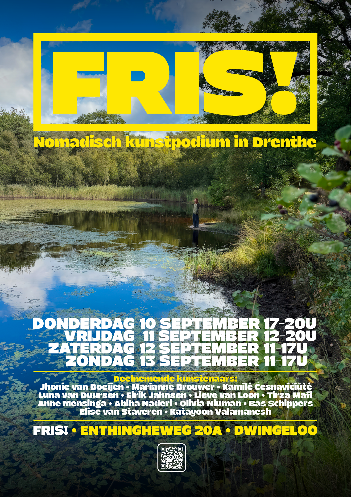 FRIS! exhibition poster with dates, participating artists and the address of Galerie Dwingeloo