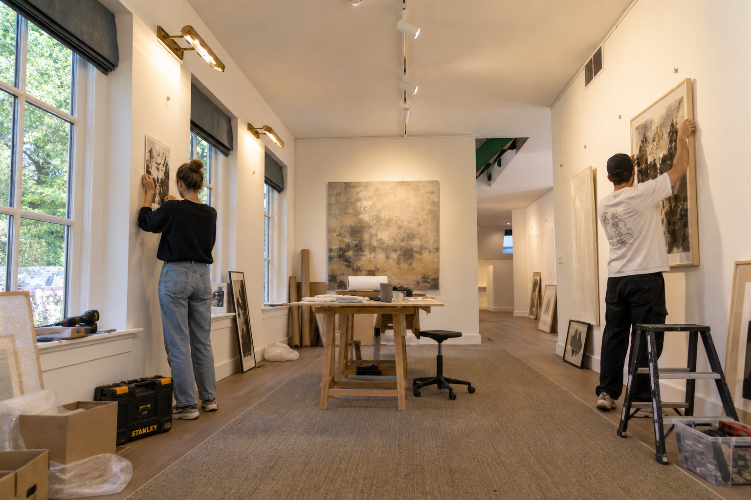 Twee kunstenaars hangen hun werk op aan weerszijden van de lichte galerieruimte